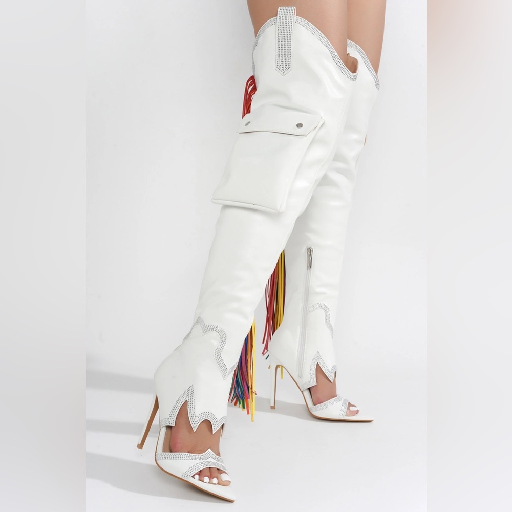 Cape Robbin White Thigh-High Boots with Multicolor Fringe